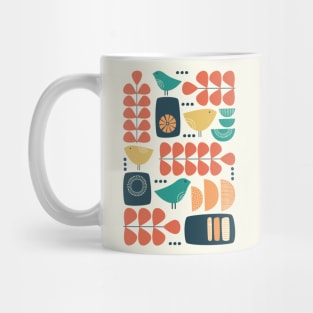 Retro Mid Century Modern Bird and Leaves in charcoal, teal, orange and yellow Mug